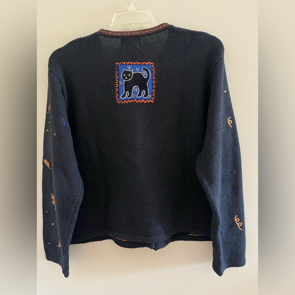 Designers Originals Black Cardigan with Colorful Embroidery Halloween Themed - Picture 2 of 5